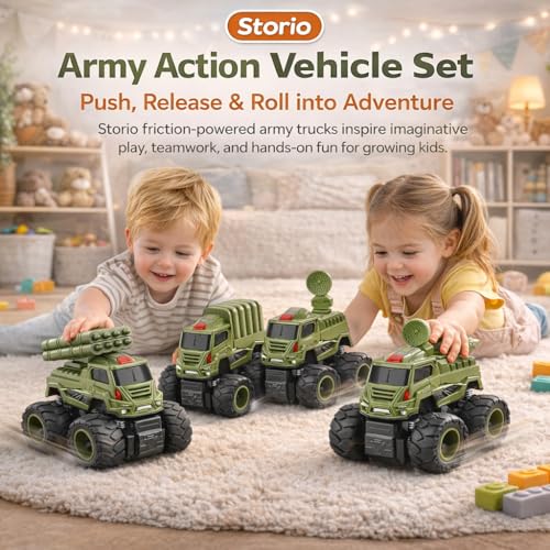 Image of Storio 4WD Monster Military Truck Toy for Kids | Pack of 4 Friction Powered Push & Go Cars | Off-Road Rock Crawler Vehicles for Boys | Durable, Safe & Fun Mini Trucks for Indoor & Outdoor Play