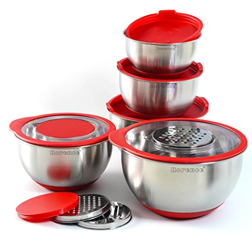 Rorence Stainless Steel Mixing Bowl Set of 5 with Graters & Transparent Lids - Red