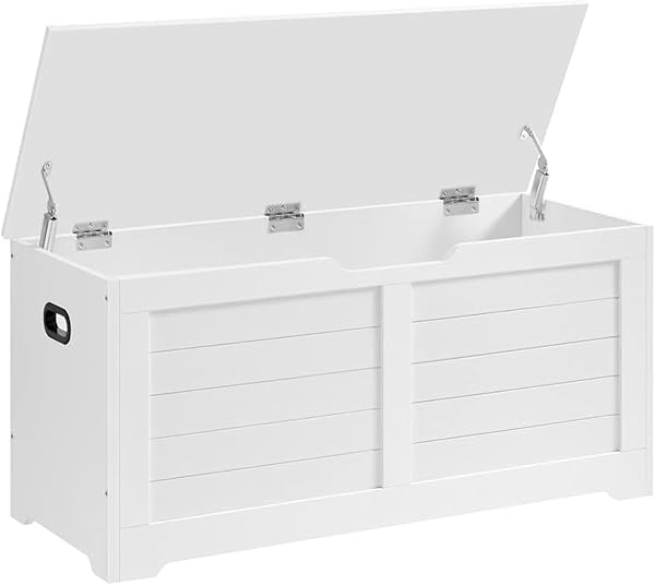 VASAGLE Storage Chest, Storage Bench with 2 Safety Hinges, Farmhouse Style, 15.7 x 39.4 x 18.1 Inches, for Entryway, Bedroom, Living Room, Cloud White ULSB061T10