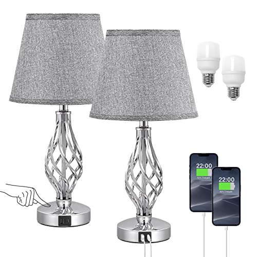 Touch Table Lamps for Bedside, Small 3 Way Dimmable Touch Lamps with USB C Charging Ports and Spiral Cage Base Design, Lamps for Bedroom, Living Room and Office