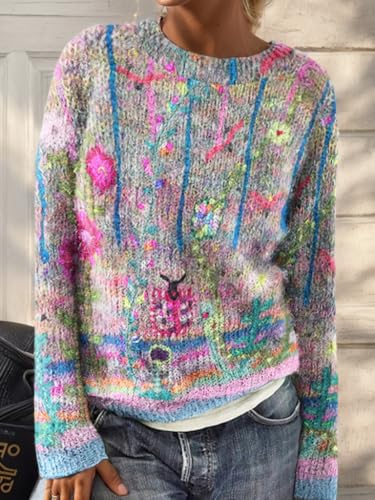 Women's Colorful Painting Landscape Floral Print Sweater Casual Loose Knitted Crewneck Long Sleeve Cropped Pullover Tops2