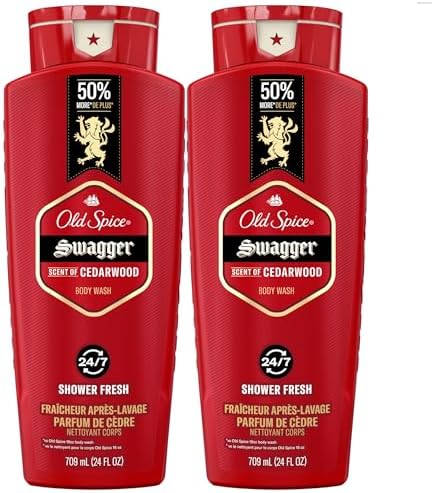Old Spice Refreshing Body Wash for Men, 3X Defense, 24/7 Shower Fresh with Long Lasting Scent, Red Collection, Swagger with Cedarwood Scent, 24 oz (Pack of 2)