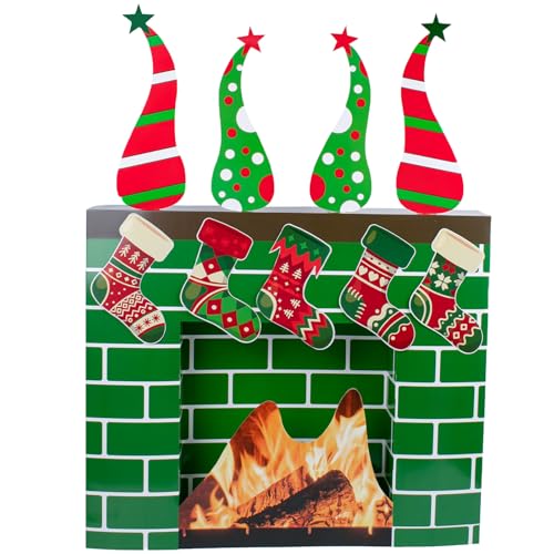 Christmas Cardboard Fireplace Prop Fake Chimney Fireplace Backdrop 3D Giant Green Brick Cardboard Faux Fireplace for Christmas Party Decoration Background Decor 27 x 3.5 x 36 Inches