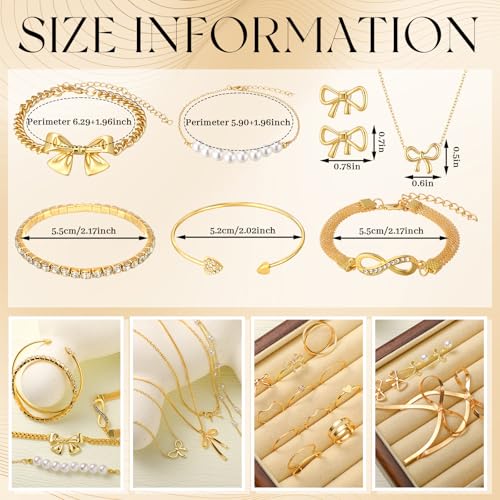 Tondiamo 23 Pcs Bowknot Jewelry Set for Women Coquette Bow Necklace Bracelets Cute Bowknot Charm Rings Ribbon Earrings Stud Set for Women Gold Jewelry Gift4