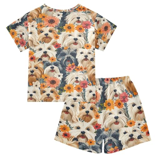 ALAZA Flower Dog Puppy Cartoon Pajamas Set Short Sleeve Cotton Sleepwear Summer Pjs 2 Piece 5-14Y2