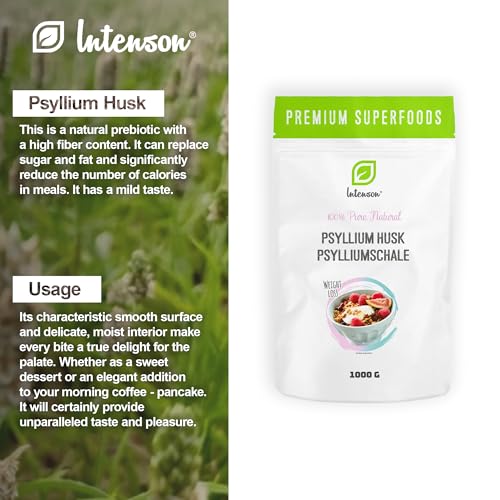 INTENSON Flohsamenschalen 1 kg – Reine Natürliche Ballaststoffquelle, Ideal zum Mischen mit Wasser, Getränken & Säften – Vegetarisch & Vegan