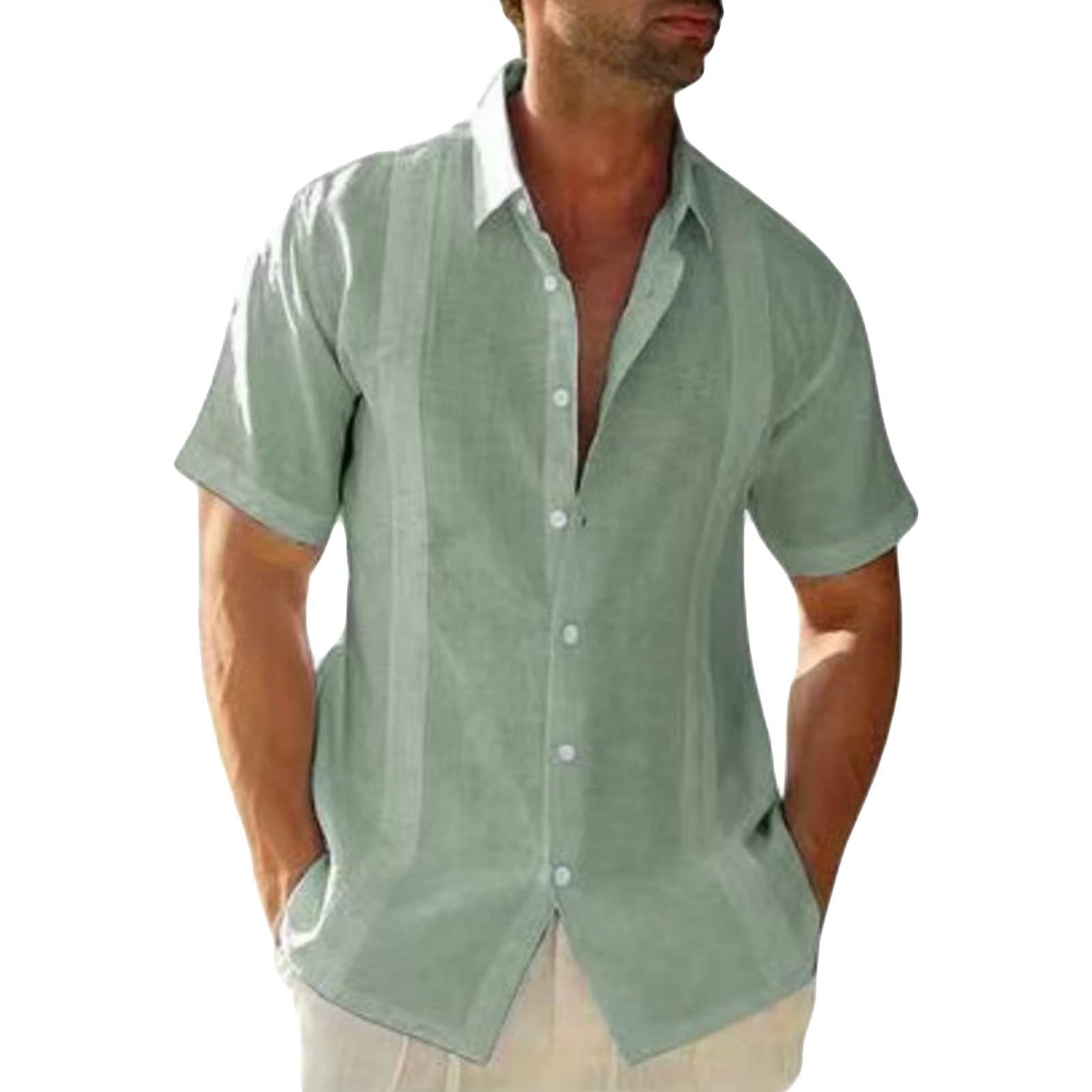 Men's Short Sleeve Cotton Linen Shirts Lightweight Summer Button Down Shirt Plain Tropical Holiday Beach T Shirt (Green,Large)