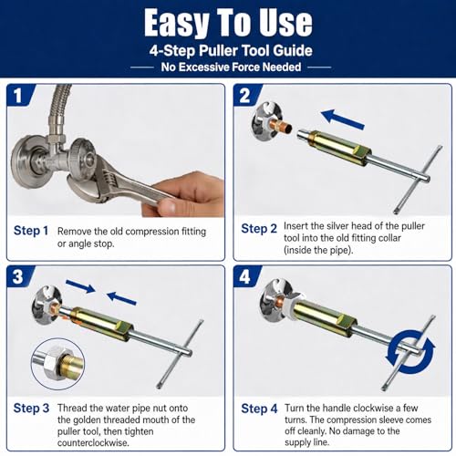 AquaLume Compression Sleeve Puller & Pipe Wrench Kit Plumbing Tools, 5 Pcs Ferrule Puller for 1/2 Inch Copper Tubing, Angle Stop Wrench, 4-Way Utility Key for Faucet Toilet Valve Repair by AquaLume - Used condition - Image 7