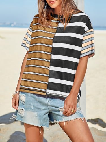 Tankaneo Womens Summer Striped Shirts Casual Color Block Short Sleeve Tops Loose Fit Crew Neck Tees4