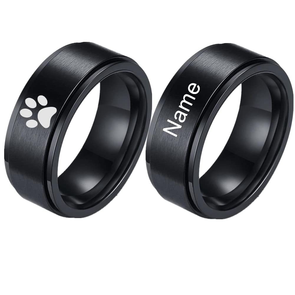 KBNSUIAN Personalized Dog Cat Name Engraved Memorial Pet Paw Spinner Ring Stainless Steel 8mm Fidget Anxiety Relief Band Ring, Pets Keepsake Jewelry Remembrance Gifts for Pet Loss, Size11,Black