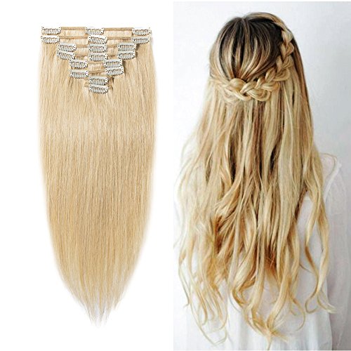 #613 Clip in 100% Remy Human Hair Extensions Bleach Blonde 10"-24" Grade 7A Quality Full Head 8pcs 18clips Long Soft Silky Straight for Women Fashion 18" / 18 inch 100g
