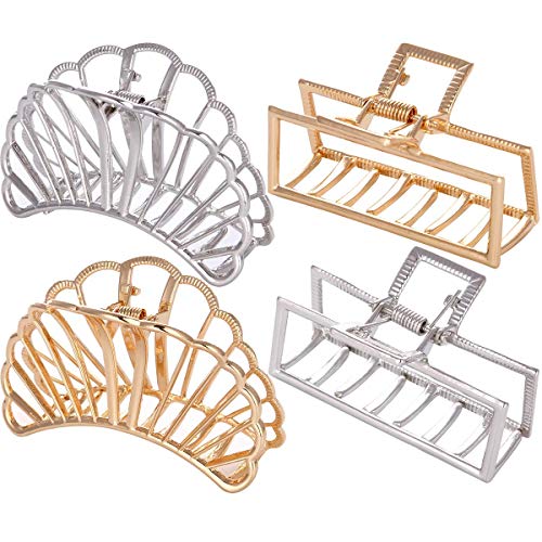 LONEEDY 4 Pack Metal Hair Claw Clips, Large Hair Catch Barrette Jaw Clamp for Women, Strong Jaw Clips for Thick Hair (Scallop + Rectangle)