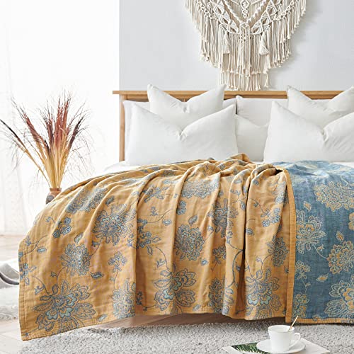 Jinchan Boho 100% Cotton Blanket Muslin Lightweight Twin Size 4-Layer Quilted Throw Blanket For Couch Soft All Season Floral Blanket Throw Cotton Coverlet Blanket For Bedroom Living Room Decor 60”X80“ #TOP6