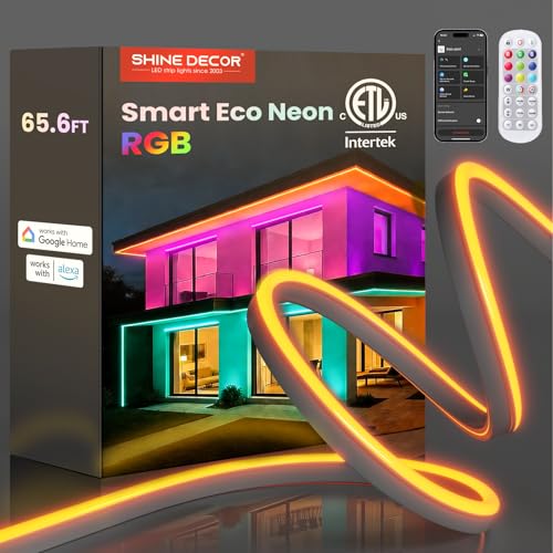 Image of Shine Decor Smart LED RGB Neon Rope Lights AC 120V, ETL Expandable Color Changing Dimmable with Remote Compatible with Alexa, Google Assistant, Cold-Resistant & IP65 Waterproof, 8x16 mm, 65.6FT
