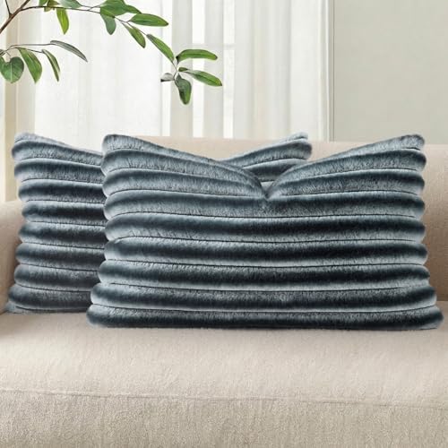 Image of Pallene Faux Fur Plush Lumbar Throw Pillow Covers 12x20 Set of 2, Luxury Soft Fluffy Striped Decorative Pillow Covers for Sofa, Couch, Living Room, Ombre Blue