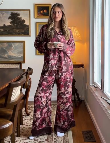 Image of Yimoon Satin Pajama Set for Women Silk Pajamas Set 2 Piece Floral Cute Pj Set Long Sleeve Pjs Sleepwear