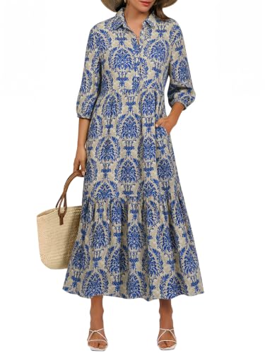 ANRABESS Women 3/4 Puff Sleeve Polo Neck Floral Maxi Dress Blue Khaki S