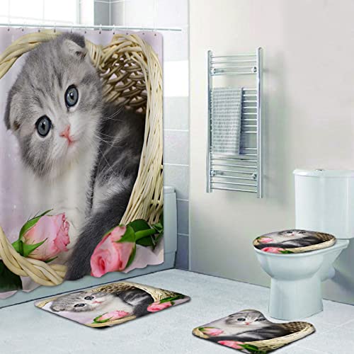 Duschvorhang Rosa Rose Tier Badezimmerteppich 4-Teiliges Set, Duschvorhang 180x180 Polyester+Badematte rutschfeste(50x80…