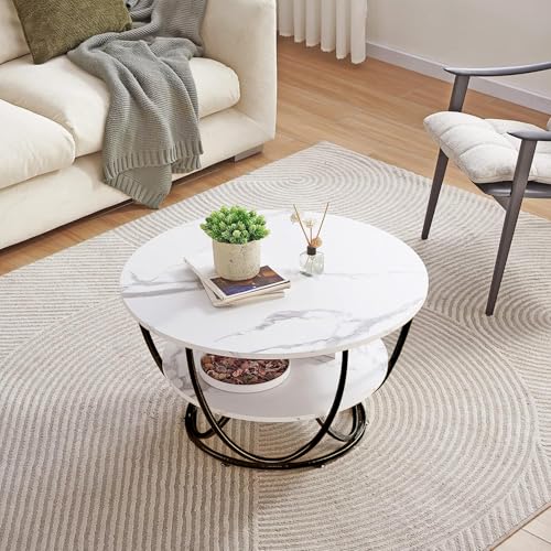 Image of Round Coffee Table Modern Sofa Side End Table for Living Room Center Table with 2 Shelf Storage Wooden Marble Print Tabletop Black White