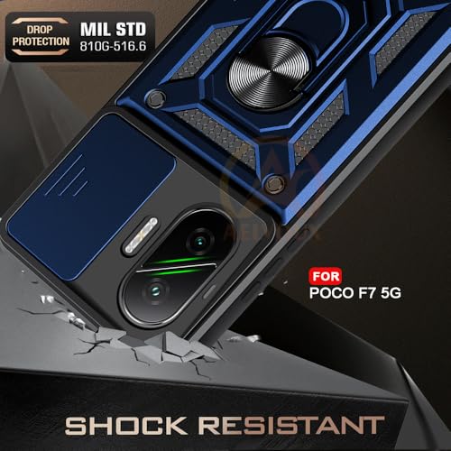 Image of Armor Bumper Back Cover Case for Poco F7 5G | Rotating Camera Cover, Ring Holder & Kickstand | Heavy Duty & 360 Degree Protection Poco F7 5G Back Cover (Blue)