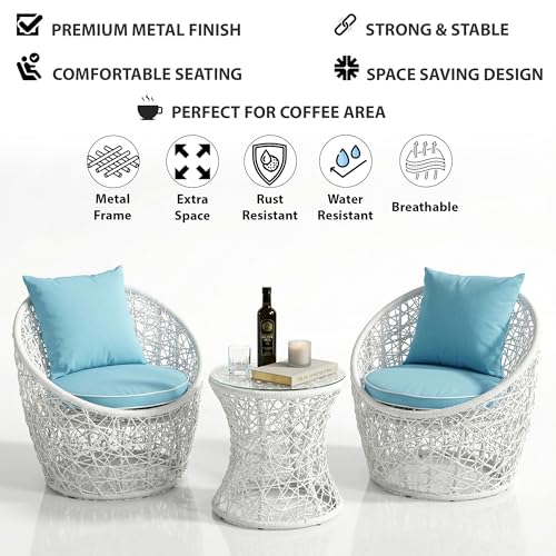 Image of OUTLIVING Outdoor Two Seater Rattan & Wicker Conversation Mudda Set | UV & Water Resistant Patio & Garden Furniture Set with 4 Cushion, 2 Chairs & Center Table with Glass Top| White & Blue