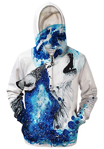 Chiclook Cool Jacket Galaxy Wolf Hoodies Zip Up Pullover Zipper Funny Animal Sweatshirt White