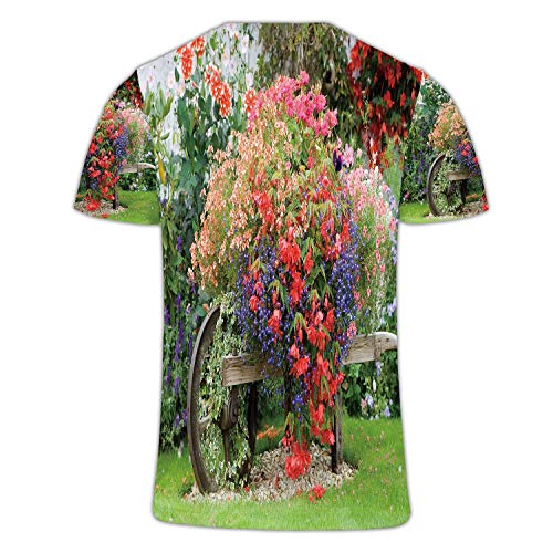 C COABALLA English Country Garden Flower Wheelbarrow Flower,Couple Cool Short Sleeve Crew Neck T-Shirt Formal Garden XL