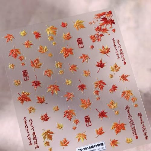 Image of Maple Leaf Nail Stickers Fall Nail Art Decals with Design 5D Embossed Self Adhesive Autumn Leaf Nails Decals for Nails Art Thanksgiving Nail Decoration Fall Nails Supplies for Women DIY Manicure