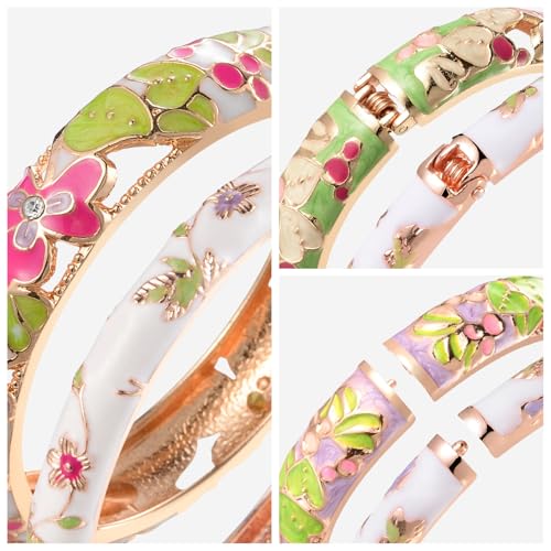 Image of UJOY Womens Multi-colors Cloisonne Bracelet Gold Plated Flower Hollowed Enameled Hinged Cuff Bangles Jewelry Gift 88A10