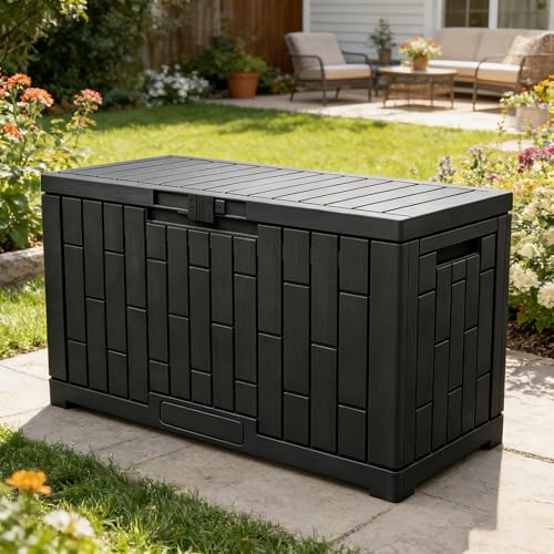 YITAHOME 60 Gallon Resin Deck Box, Weather Resistant Outdoor Rattan Storage Box, Lockable Indoor Outdoor Storage for Supplies and Essentials, Black Bl