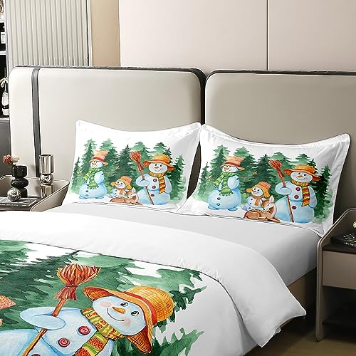 Homewish 100% Natural Cotton Boys Snowman Duvet Cover Double Kawaii Xmas Deer Bedding Set Girls Cartoon Comforter Cover Green Woodland Trees Bed Sets with 2 Pillowcases Bedroom Decor - Image 4