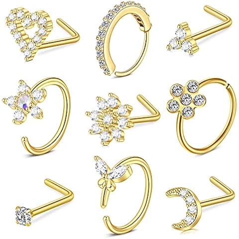 VCMART Nose Rings for Women 20g Gold Nose Ring Surgical Steel Nose Rings Hoops Nose Studs L Shaped Nose Rings Studs Diamond CZ Nose Piercing Jewelry Cover