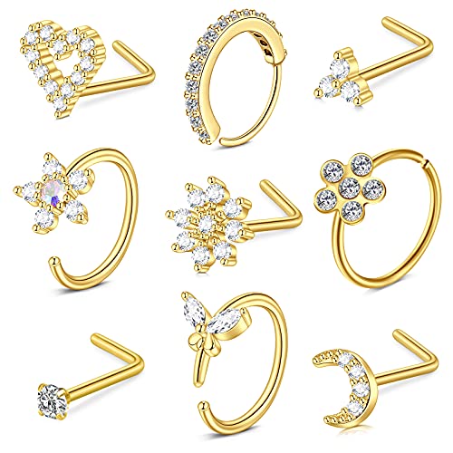 vcmart Nose Rings for Women 20g Gold Nose Ring Surgical Steel Nose Rings Hoops Nose Studs L Shaped Nose Rings Studs Diamond CZ Nose Piercing Jewelry