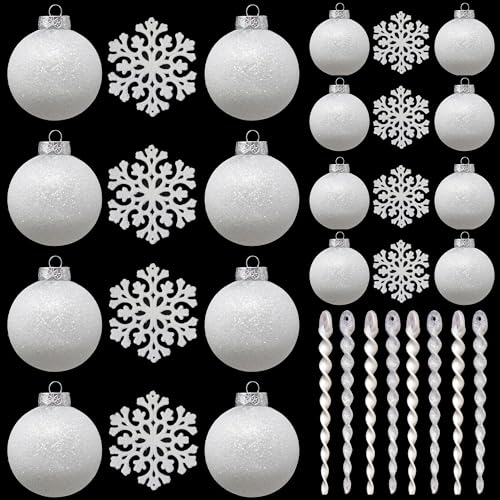 SLEETLY White Christmas Ornaments for Farmhouse Tree Holiday Xmas Decorations for Christmas, Shatterproof Plastic 3.15/2.36 Inch Glitter Snow Balls, Icicles and Snowflakes, Ornament Set of 32