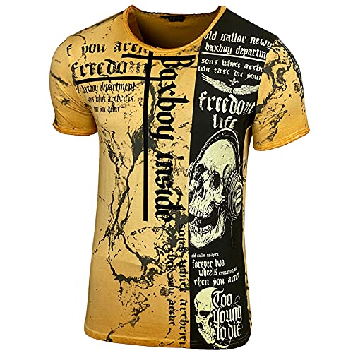 Herren Rundhals Vintage T-Shirt Kurzarm Slim Fit Design Fashion Top Print Shirt B-116 Farbe:Camel Größe:M