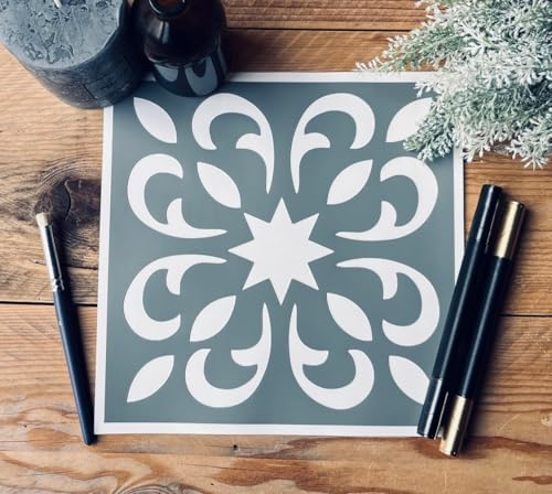 Pochoir Adhésif Carrelage Arabesques Étoile 20x20 Cm – Pochoir Mural Réutilisable Style Faïence Vintage – Stencil Décoration Cuisine Salle De Bain DIY...