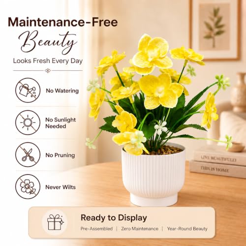 Image of CURATED CART Flower Pot with Artificial Flowers - Orchid Yellow Flower with White Vase | Ideal for Home Decor | Office Decor | Gifting | Size 25 x 15cm