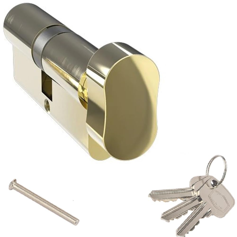 Door Lock with Keys - Thumb Turn Euro Cylinder Barrel Lock - 6 Pin Anti-Drill and Anti-Pick Door Lock (Polished Brass, 40/40)