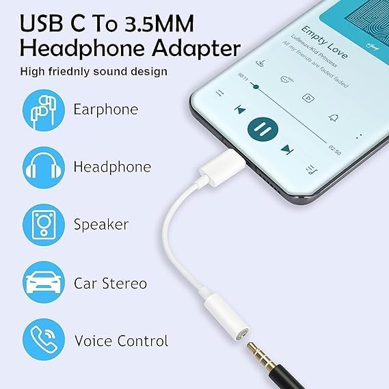 Image of USB Type C to 3.5mm Headphone Headset Jack Audio Connector Compatible for Samsung, OnePlus, Xiaomi, Realme, Zebronics, Vivo & iQoo (White)