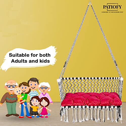 Image of Patiofy Premium Large Double Seater Swing Chair /Hanging Hammock Swing Chair for 2 People /Jhula for Adults & Kids / 2 Seater Swing for Balcony, Free Hanging Kit & Sitting Cushion Included(White-Black)