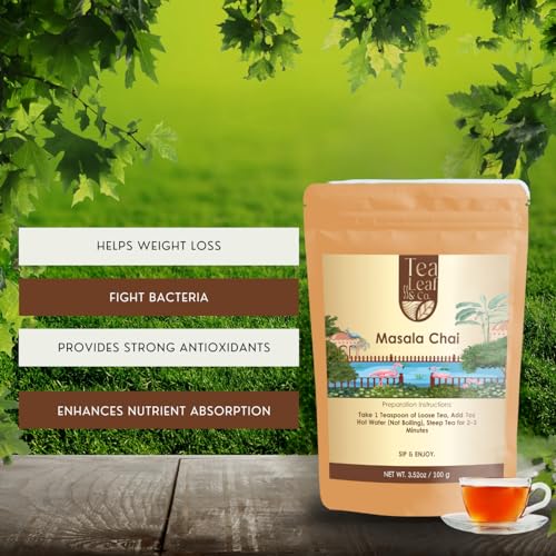 Image of Tealeaf & Co. Masala Chai - Loose Leaf Black Tea Blended with Organic Spices (Ginger, Cardamom, Black Pepper & Cloves Whole Organic) - Low Caffeine (3.52oz /100gm)