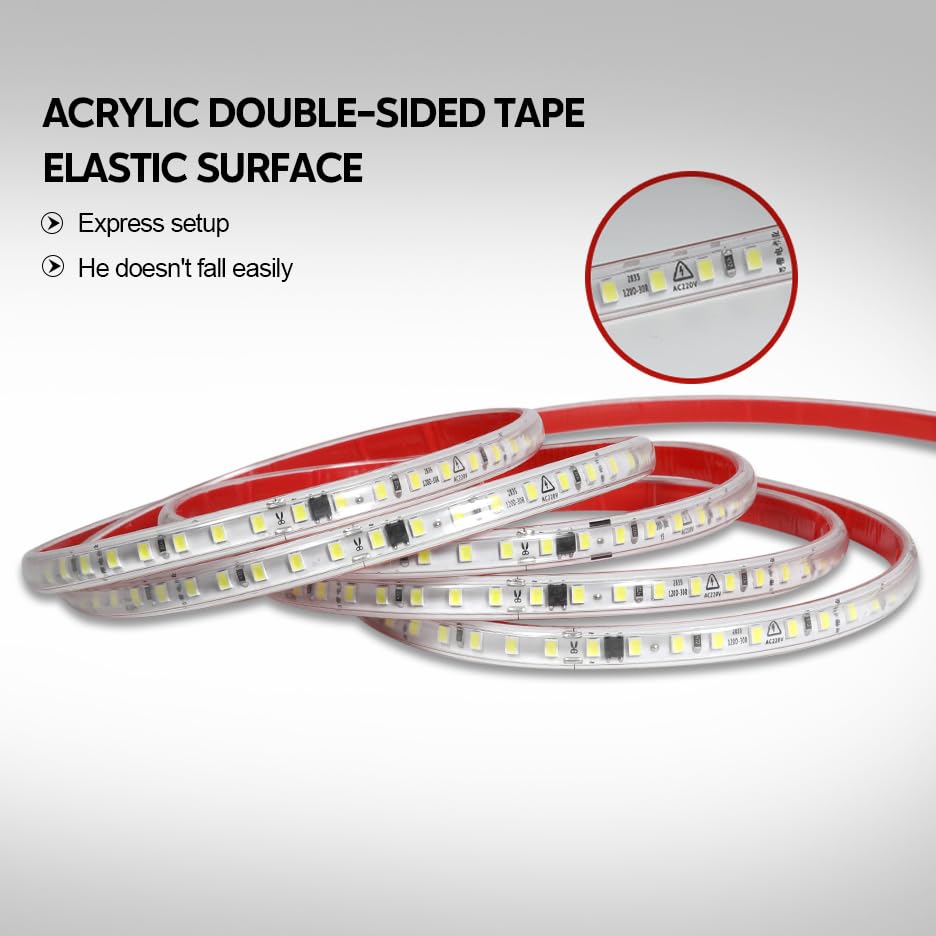 Image of White LED Strip Light Waterproof LED Light Strip AC 110-130V 5 Meter LED Tape Light 16.4 Foot 120 LEDs /M Flexible Adhesive Strip Lighting 4000K for Under Cabinet Outdoor Indoor