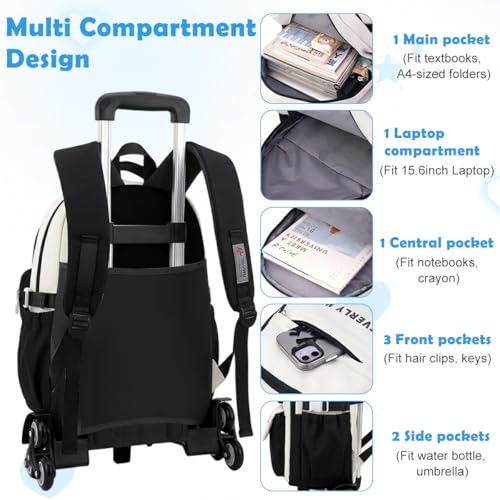 Image of PALAY Trolley School Bag Black White Polyester School Bag with Wheels Large Capacity Children's Trolley Backpack with Mini Pouch Waterproof Multi-Compartments Rolling Backpack for Elementary, Middle