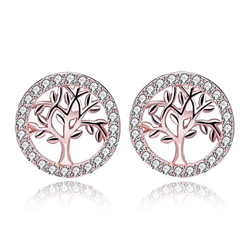 Bo&Pao Pendientes para Mujer de Plata de ley 925 con árbol de la vida, Oro rosa Cover