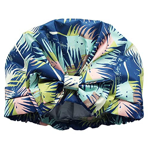 Aibilye Plam Shower Cap for Women Long Hair Reusable, Waterproof Breathable Adjustable Shower Caps with Elastic Hem, Cute Bowknot Bath Cap for Women Girl Beauty Hair Spa Bathing Home Travel