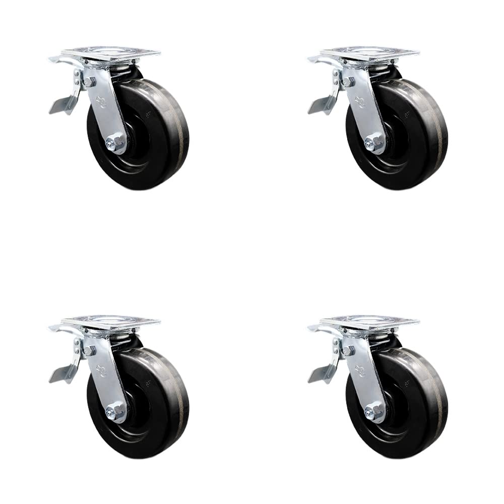 Phenolic Swivel Top Plate Casters Set of 4 Heavy Duty with 6 Inch Wheels - Includes 4 Swivel with Total Lock Brakes – 4,800 lbs. Total Capacity - Service Caster Brand