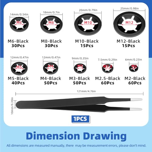 Glarks 351pcs 65Mn-Steel Internal Tooth Star Lock Washers Assortment Kit M2 M2.5 M3 M4 M5 M6 M8 M10 M12Quick Speed Locking Washers Push on Locking Washers