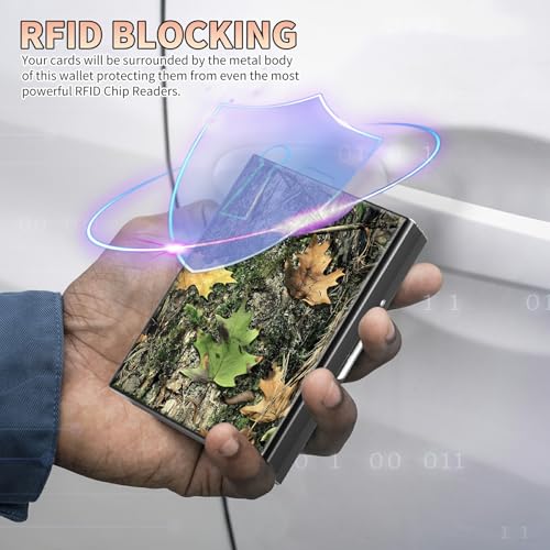 Image of Slim Credit Card Holder, Camo Tree Leaf RFID Blocking Metal Wallet for Men & Women, Aluminum Minimalist Hard Case Pocket-Sized Business Cards Organizer (Fits Up to 10 Cards)