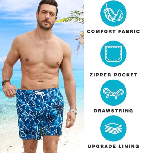 Image of Mens Swim Trunks Compression Liner No Mesh Swimming Trunks Men Swimwear Quick Dry Above Knee Zipper Pocket Swim Shorts