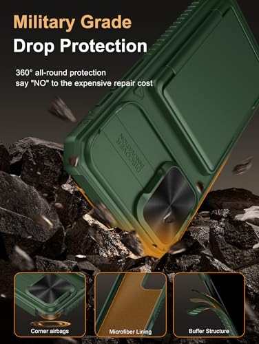 Image of Vihibii for iPhone 16 Plus Case with Card Holder (4 Cards) [RFID Blocking] & Slide Camera Cover, Military Grade Drop Protection, Rugged Hard Back & Silicone Edge Wallet Phone Cover, 6.7 inch 2024, Green